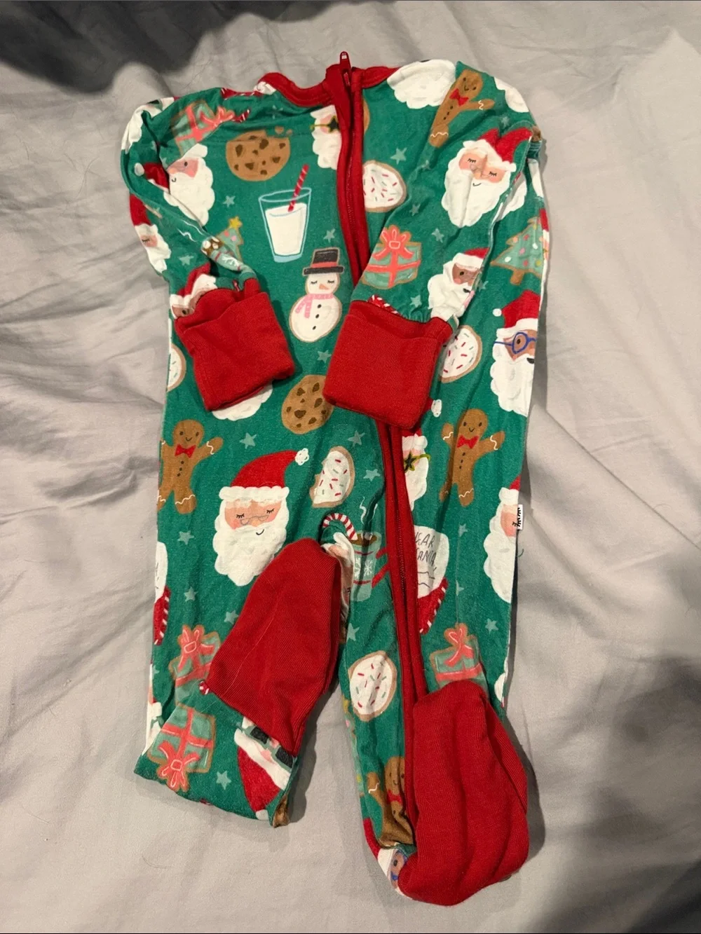 Little Sleepies Green Santa & Holiday Treats Footed Pajamas with Red Trim